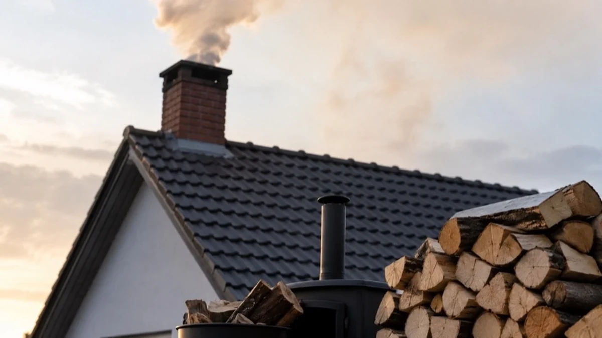 Schornstein auf Wohnhausdach mit leichtem Rauch, Kaminholz und Feuerstätte als Symbol für Schornsteinbrand und Brandschutz