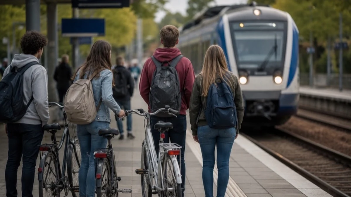 Jugendliche mit Fahrrädern auf einem Bahnsteig vor einem Regionalzug im Nahverkehr in Sachsen-Anhalt