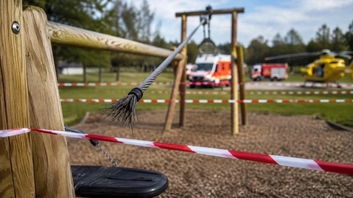 Abgesperrte Seilrutsche auf Spielplatz in Hasselfelde nach schwerem Unfall mit gerissenem Stahlseil