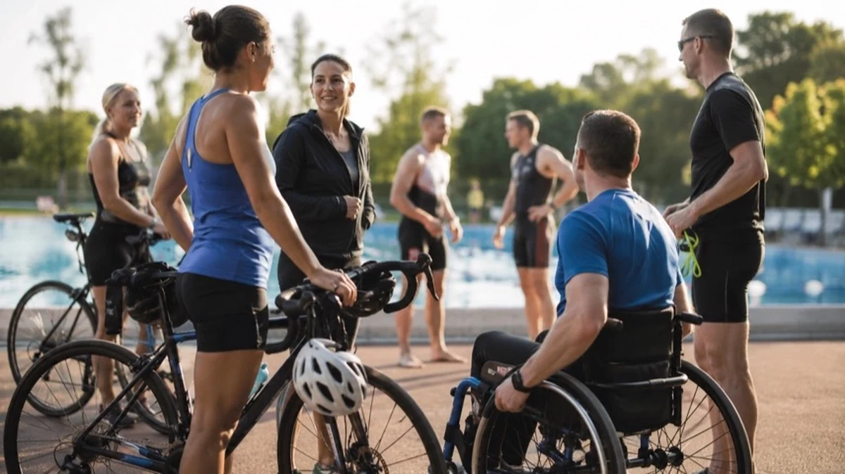 Menschen mit Fahrrädern und Sportkleidung an einem Schwimmbad bei einem inklusiven Triathlon-Training