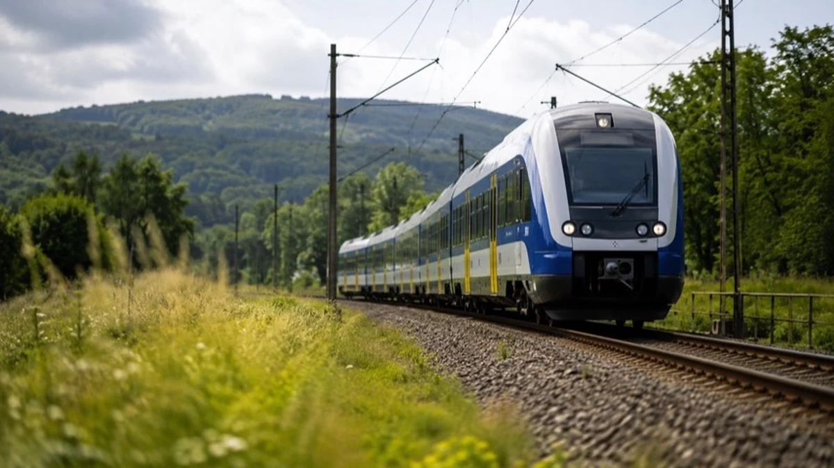 Regionalbahn auf einer Bahnstrecke im Mittelgebirge mit kleinem Bahnhof als Symbol für SPNV-Konzept und Bahnverkehr im Harz.