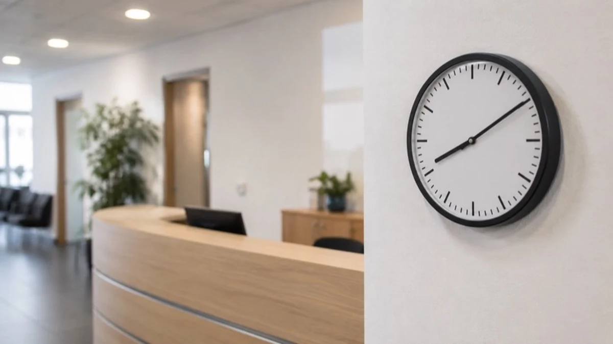 Empfangsbereich einer Kommunalverwaltung mit Uhr und Hinweistafel zu Öffnungszeiten im Standesamt