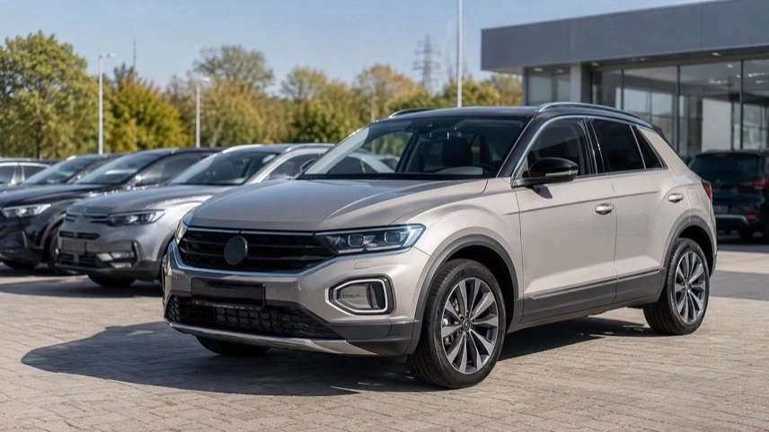 Moderner SUV auf Autohaus-Parkplatz bei Frühlingswetter mit mehreren Fahrzeugen im Hintergrund