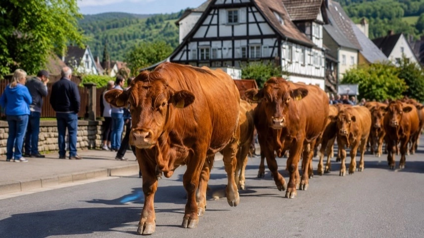 Harzer Rotes Höhenvieh beim traditionellen Kuhauftrieb in Tanne im Oberharz vor Fachwerkhäusern
