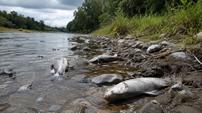 Tote Fische am Ufer der Holtemme in Silstedt nach massivem Fischsterben im Landkreis Harz