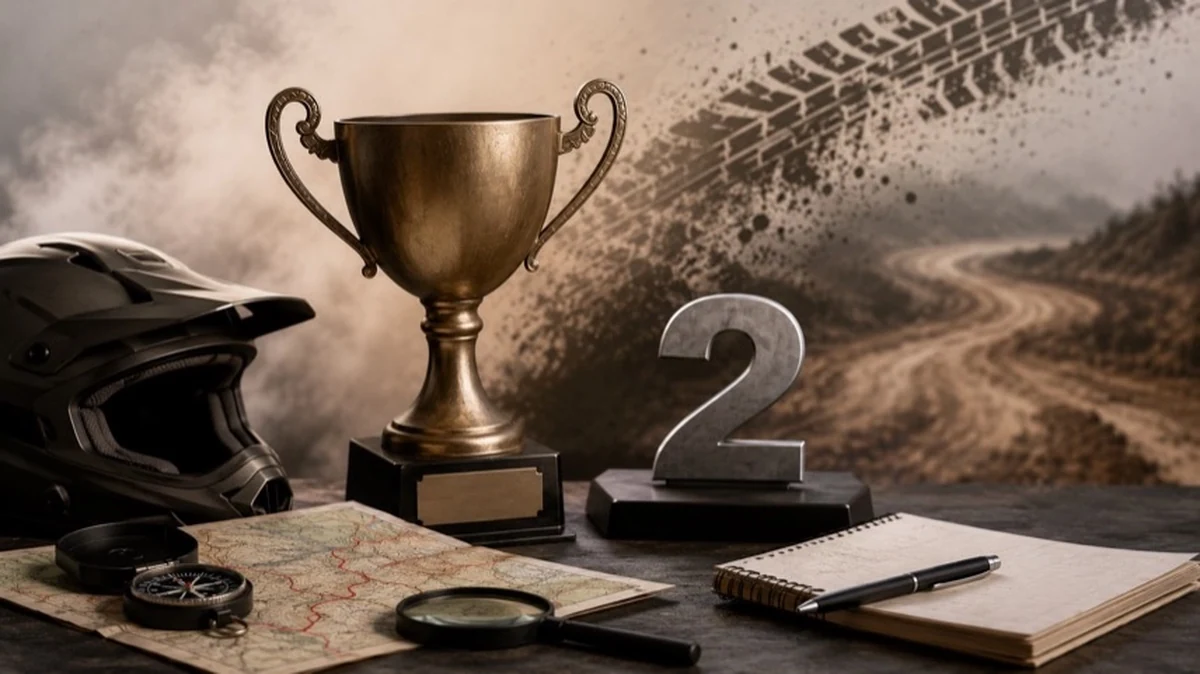 Abstrakte Motorsport-Symbole mit Pokal, Offroad-Karte und Navigation als Sinnbild für die Rallye Breslau und Team Hönig Racing.