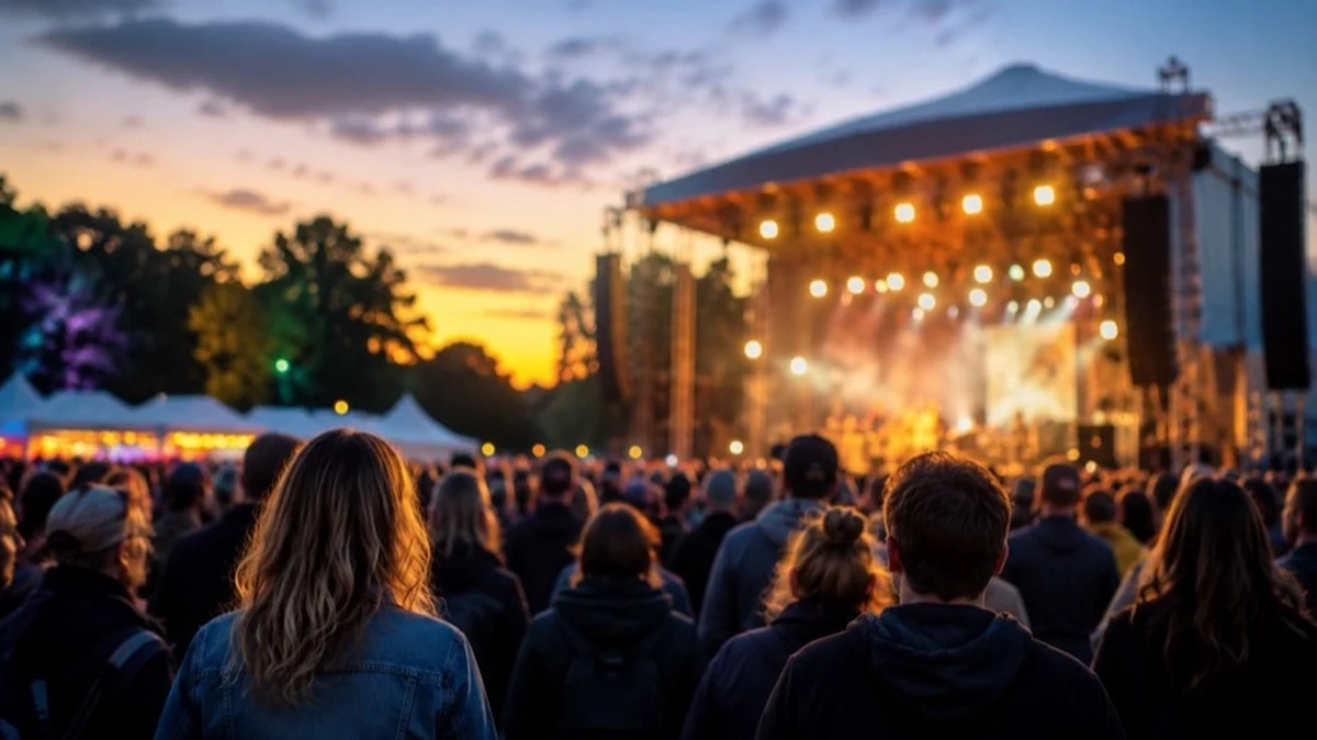 Besucher vor einer beleuchteten Open-Air-Bühne bei einem Musikfestival mit Konzertatmosphäre und Veranstaltungsfläche