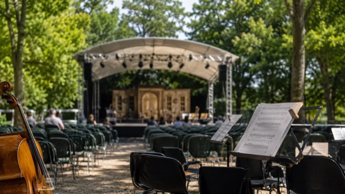 Freiluftbühne in einer Parkanlage mit Sitzreihen, Theaterkulisse und Kulturveranstaltung im Grünen