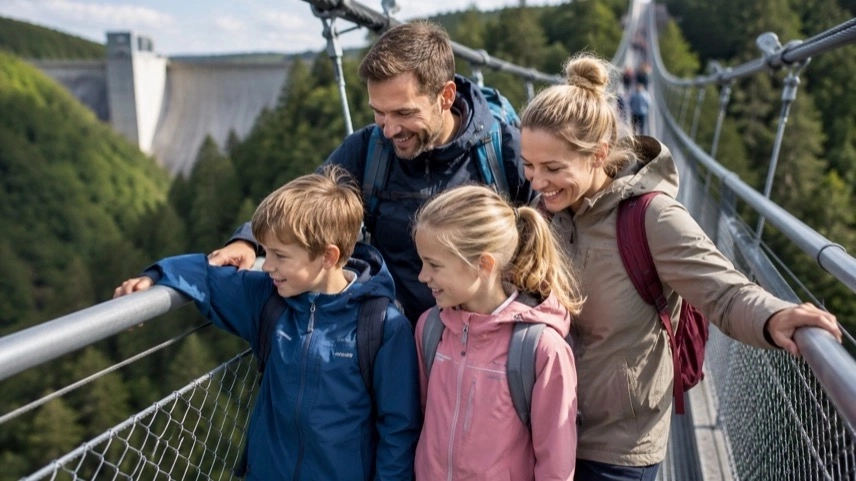 Hängebrücke Titan RT über dem Rappbodetal im Harz mit Blick auf die Rappbodetalsperre und bewaldete Hänge