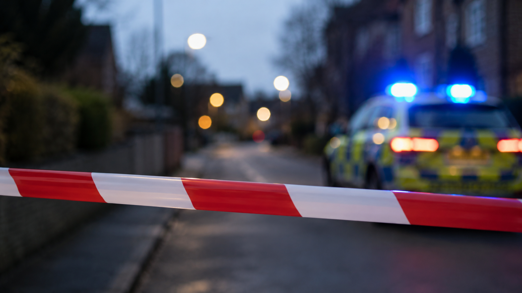 Unscharfes Polizeifahrzeug hinter Absperrband auf einer anonymen Straße