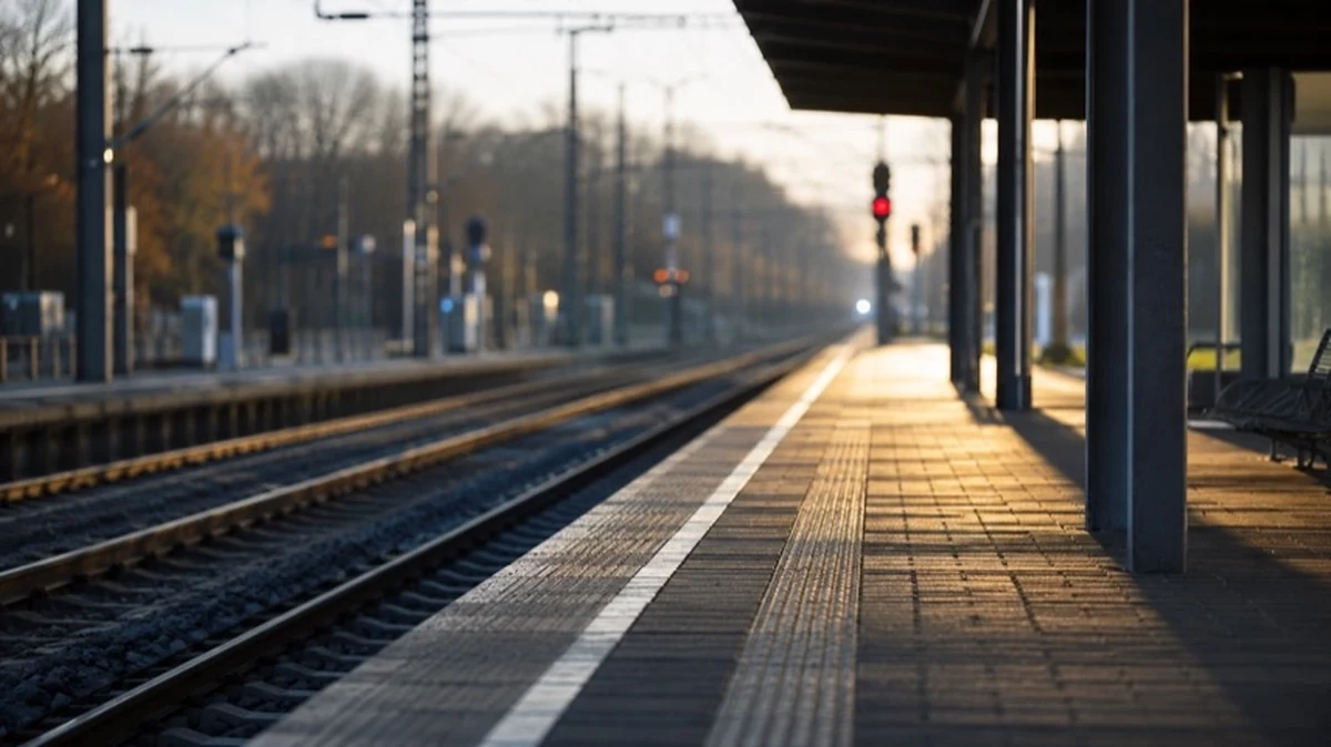 Leerer Bahnsteig mit Gleisanlagen an einem Regionalbahnhof, Sicherheitslinie und Bahnschild im Bereich Bahnverkehr