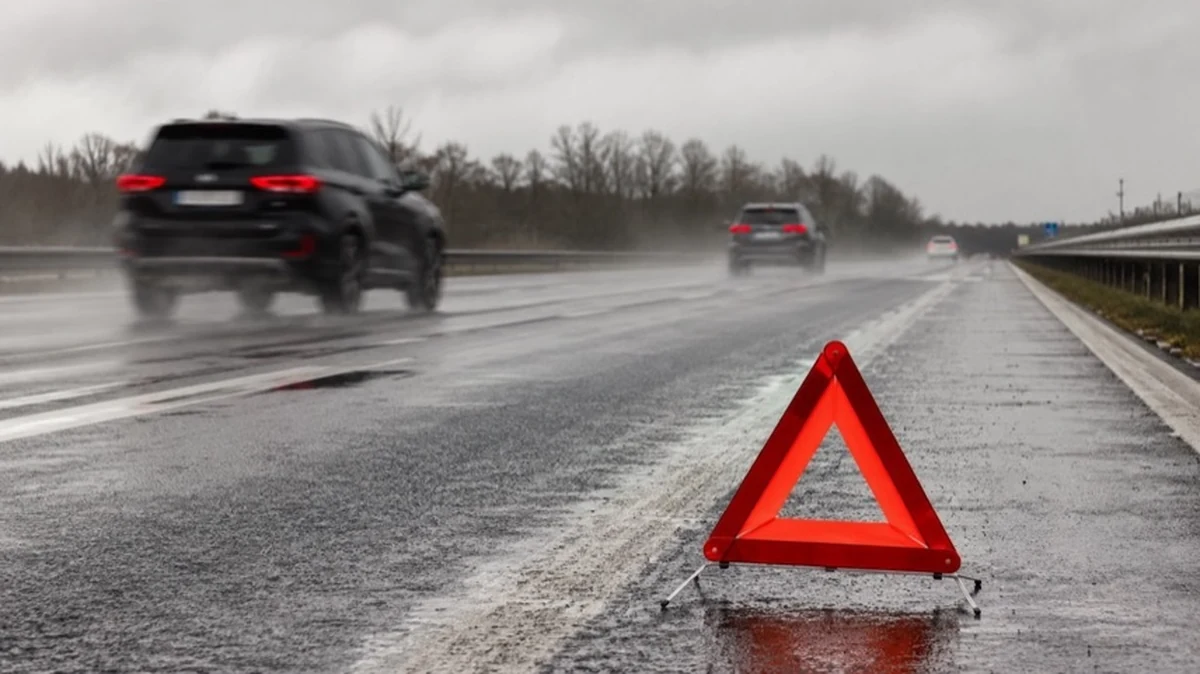 Warndreieck an nasser Autobahn bei Verkehrsunfall auf der A7