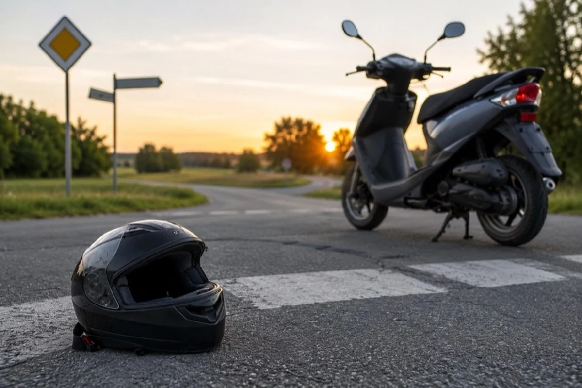 Ein Motorradhelm liegt neben einem abgestellten Motorroller an einer ländlichen Straßenkreuzung im Abendlicht.