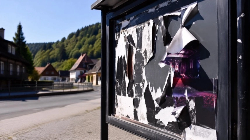 Beschädigte Theaterplakate an einem öffentlichen Schaukasten in Benneckenstein im Oberharz bei Tageslicht