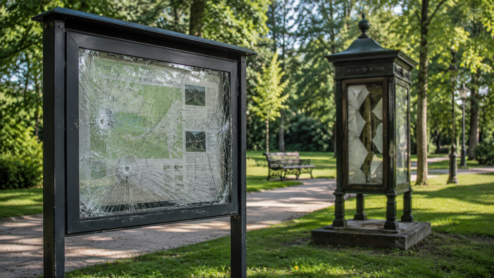 Beschädigte Informationstafel mit gesprungenem Glas in einem grünen Kurpark im Harz