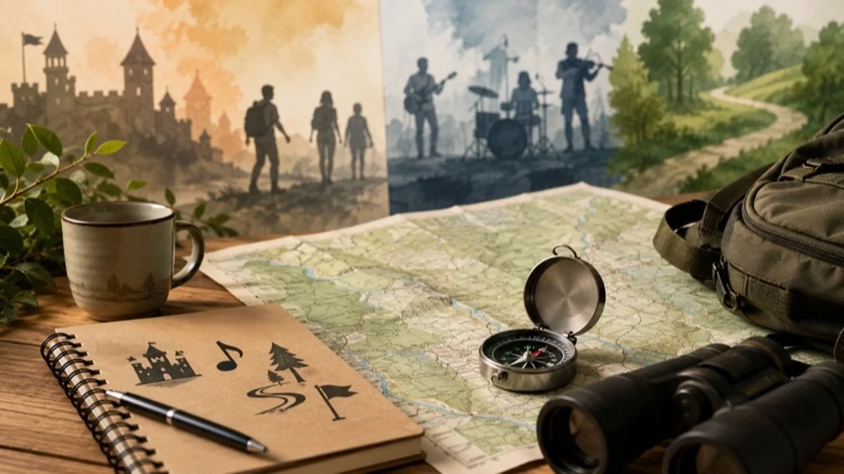 Symbolische Collage mit Wanderkarte, Naturmotiven und Veranstaltungssymbolen zum Wochenendprogramm im Südharz.