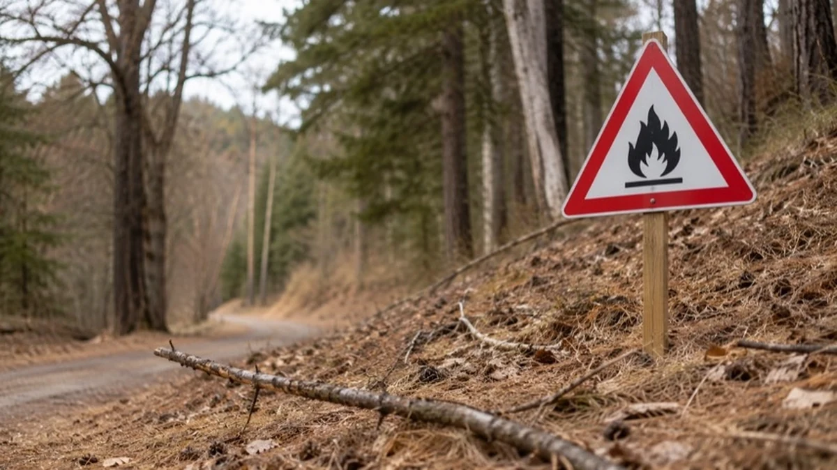 Trockener Waldrand im Harz mit Warnschild zur Waldbrandgefahr bei Blankenburg