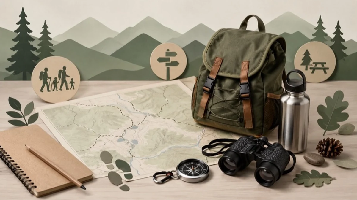 Abstrakte Wanderkarte mit Rucksack, Kompass und Waldsymbolen als Darstellung für Wandern mit Kindern im Harz.