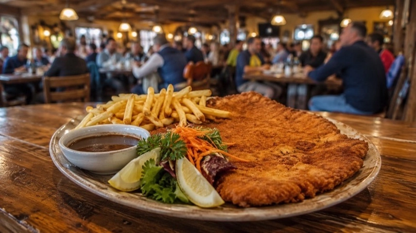 Große Schnitzelplatte in rustikalem XXL-Restaurant mit Holztischen und Gästen im Hintergrund