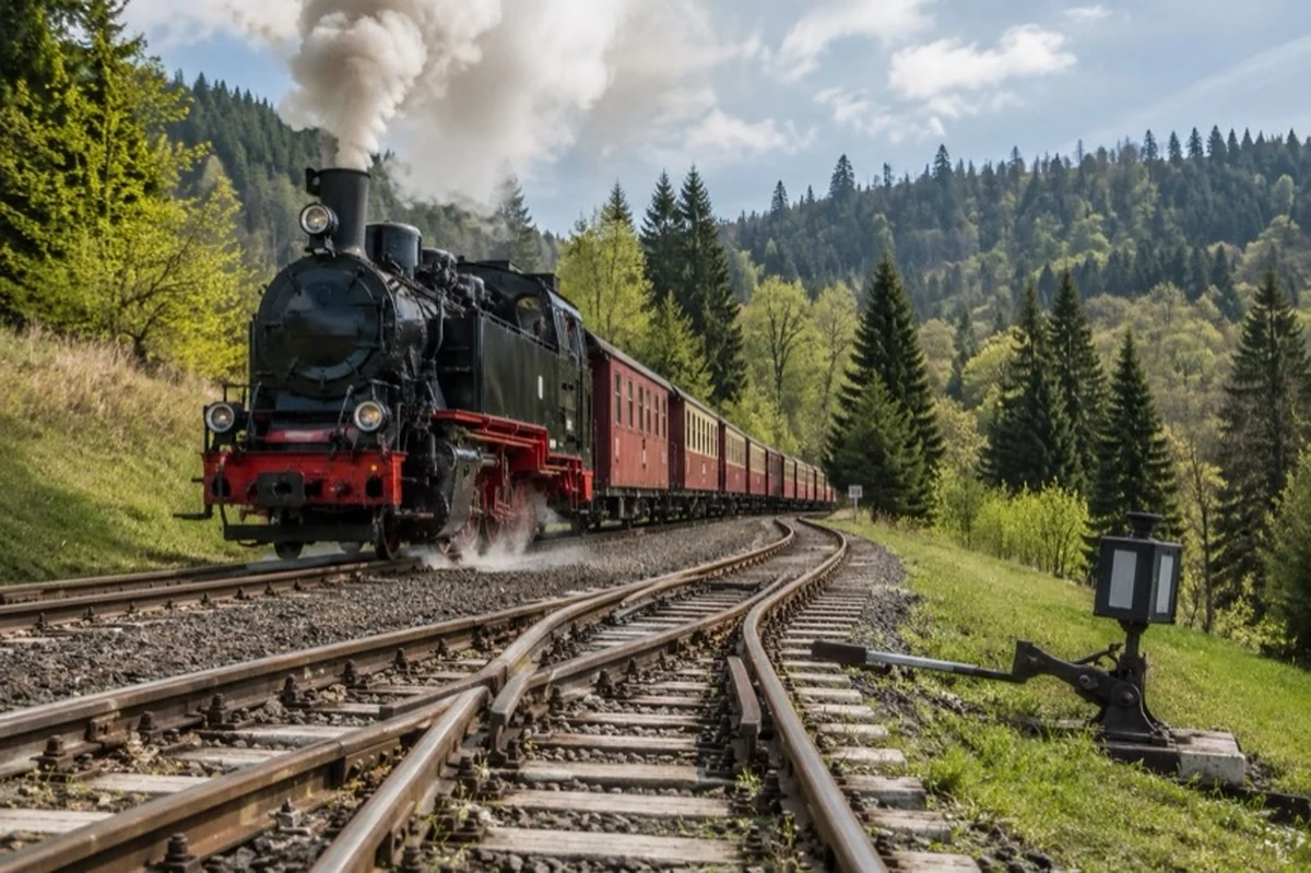 Eine historische Schmalspurdampflok fährt auf einer Bahnstrecke durch eine bewaldete Mittelgebirgslandschaft. Im Vordergrund sind Gleise und eine Weiche zu sehen.