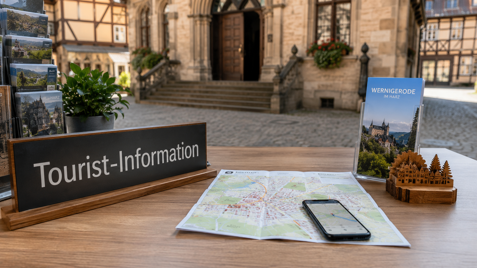 Beratungstresen mit Stadtplan, Smartphone und Schild „Tourist-Information“ vor einem historischen Altstadtgebäude im Harz.
