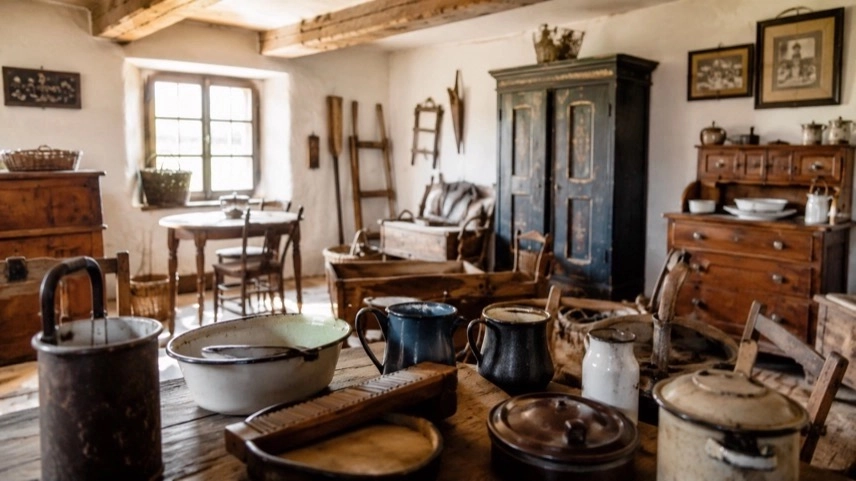 Historischer Ausstellungsraum in einem Heimatmuseum im Harz mit alten Möbeln, Werkzeugen und Dorfgeschichte