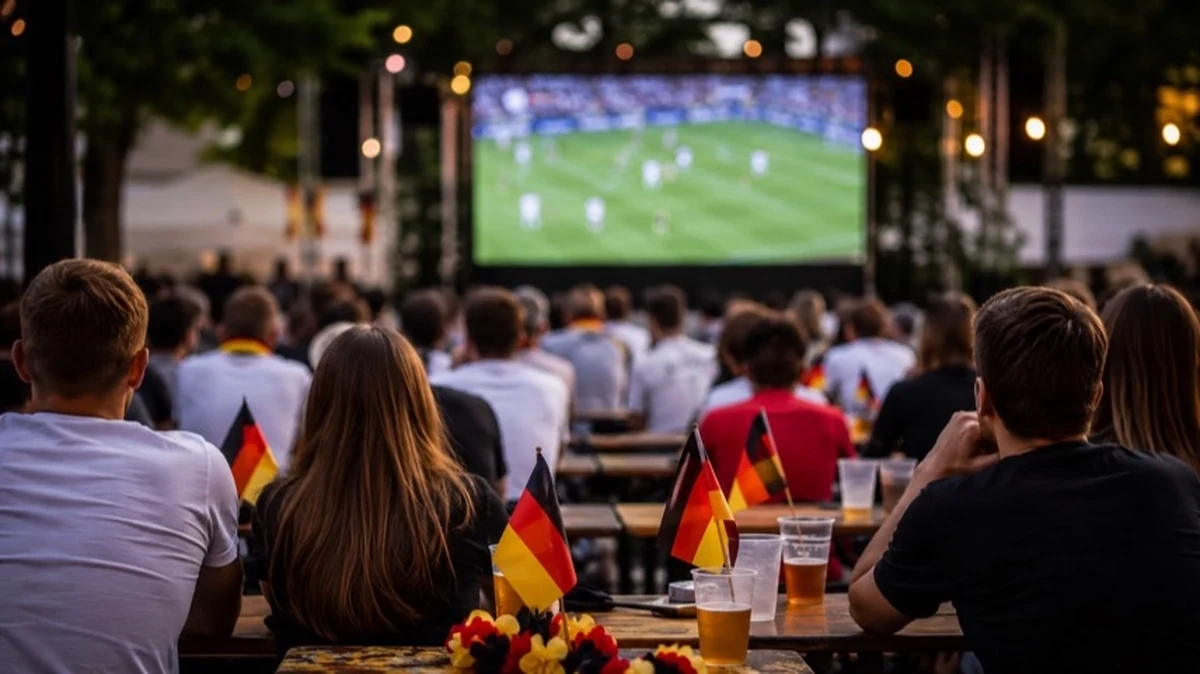 Fußballfans bei einem Public Viewing in einem Biergarten mit Großbildleinwand zur WM 2026 im Harz