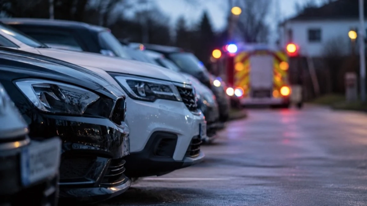 Geparkte Autos auf einem Parkplatz mit entfernt sichtbarem Einsatzfahrzeug und Warnlicht bei Dämmerung
