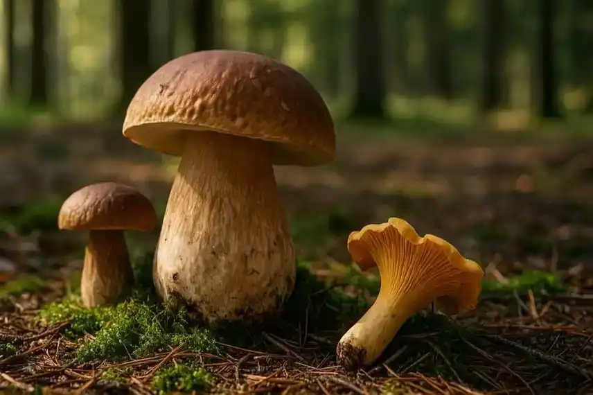 Symbolbild Pilze im Harz – Steinpilz, Maronenröhrling und Pfifferling auf Waldboden mit Moos, fotorealistisch, Naturaufnahme 16:9.