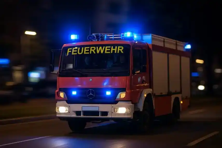 Rotes Feuerwehrfahrzeug mit eingeschaltetem Blaulicht fährt nachts auf einer Straße, klar fokussiert, Hintergrund leicht verschwommen.