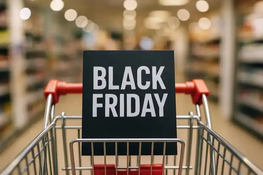 Einkaufswagen mit schwarzem Schild, auf dem „Black Friday“ steht, in einem hell beleuchteten Supermarkt.