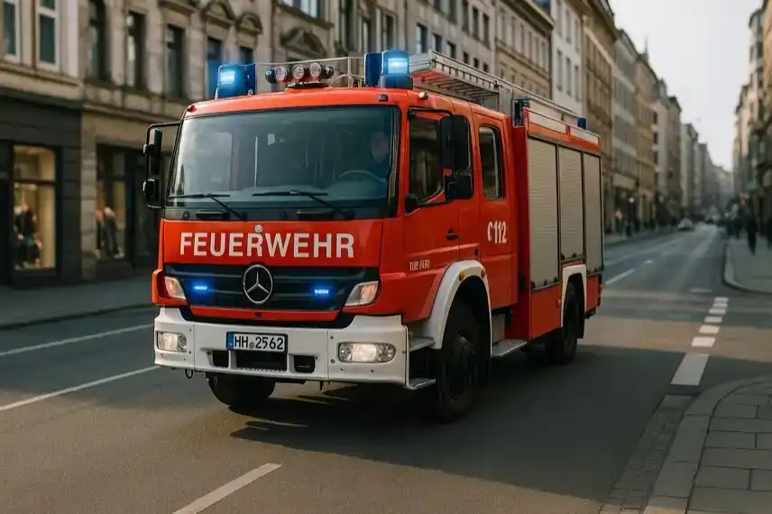 Feuerwehrleute mit Atemschutz löschen einen Hausbrand, während Flammen aus einem Fenster schlagen und Rauch aufsteigt.