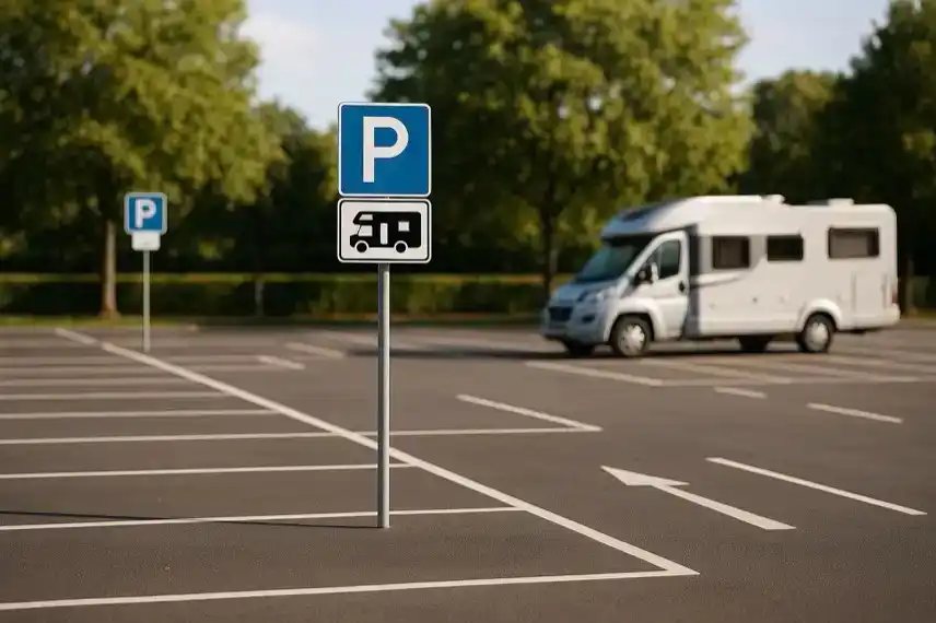 Leerer Parkplatz mit Parkschildern und einem abgestellten Wohnmobil bei sonnigem Wetter.