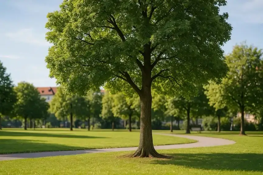 Ein einzelner Laubbaum in einem gepflegten Park mit grüner Wiese, Wegen und weiteren Bäumen im Hintergrund.