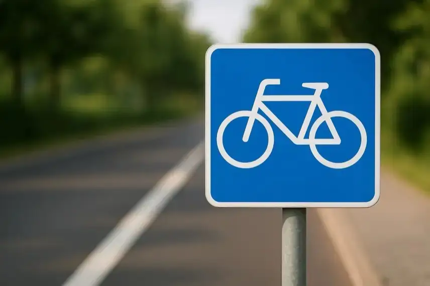 Blaues Fahrradschild vor einer unscharfen Landstraße mit Bäumen im Hintergrund.
