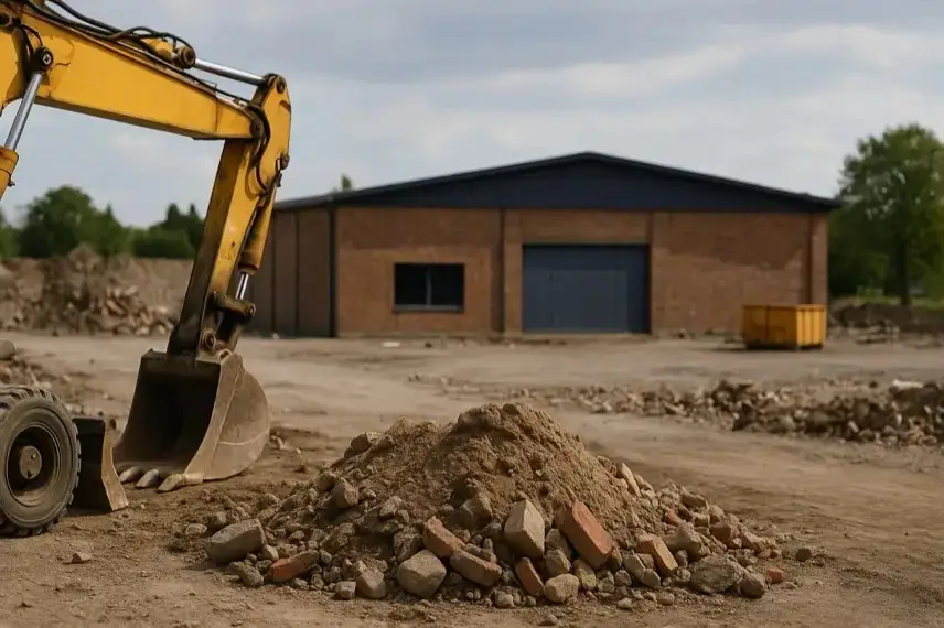 Baustellengelände mit abgesperrtem Areal, Erdarbeiten und neutraler Baumaschine bei hellem Tageslicht.