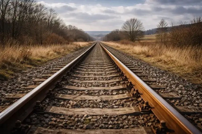 Alte Bahnstrecke mit verwitterten Gleisen in offener Landschaft im Harz, Teil der Verbindung zwischen Halberstadt und Magdeburg.