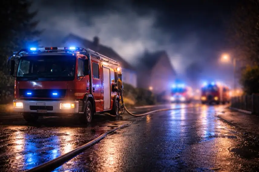 Feuerwehrfahrzeuge stehen in der Silvesternacht in einem Wohngebiet im Landkreis Harz im Einsatz. Das Bild dient als Symbolbild für den Brand von zwei Wohnhäusern im Osterwiecker Ortsteil Hessen.