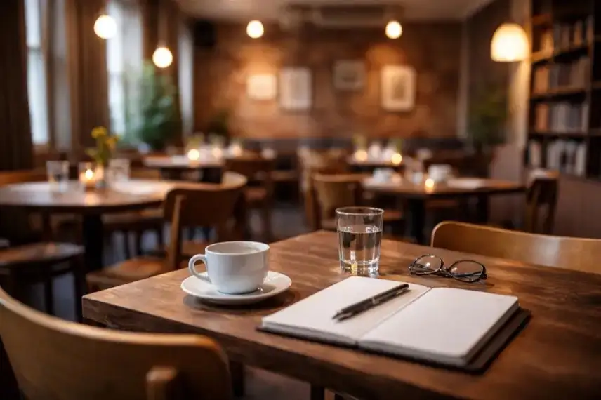 Leerer Caféraum mit Holztischen, Stühlen und Kaffeetassen als ruhige Innenaufnahme im Kontext der Landtagswahl Sachsen-Anhalt
