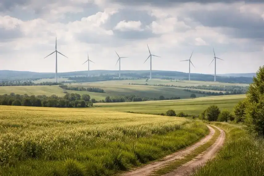 Landschaft im Harzvorland bei Halberstadt mit Feldern und mehreren Windenergieanlagen am Horizont unter bewölktem Himmel