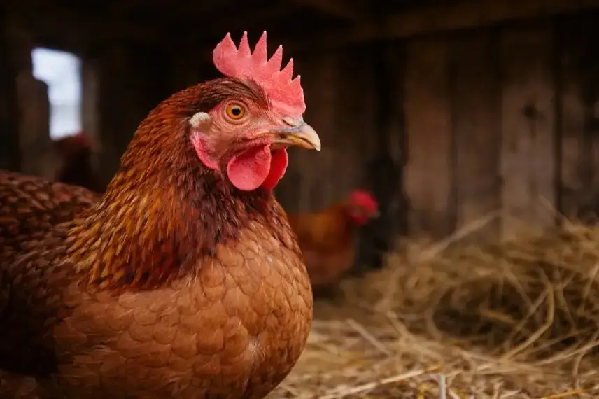 Huhn steht in einem hölzernen Stall auf Stroh, aufgenommen bei natürlichem Licht in einem landwirtschaftlichen Umfeld