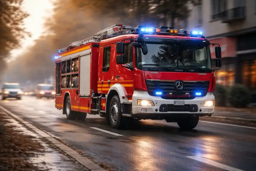 Abgesperrte Wohnstraße mit Feuerwehrfahrzeugen vor einem Mehrfamilienhaus nach Gas-Verpuffung in Blankenburg im Harz