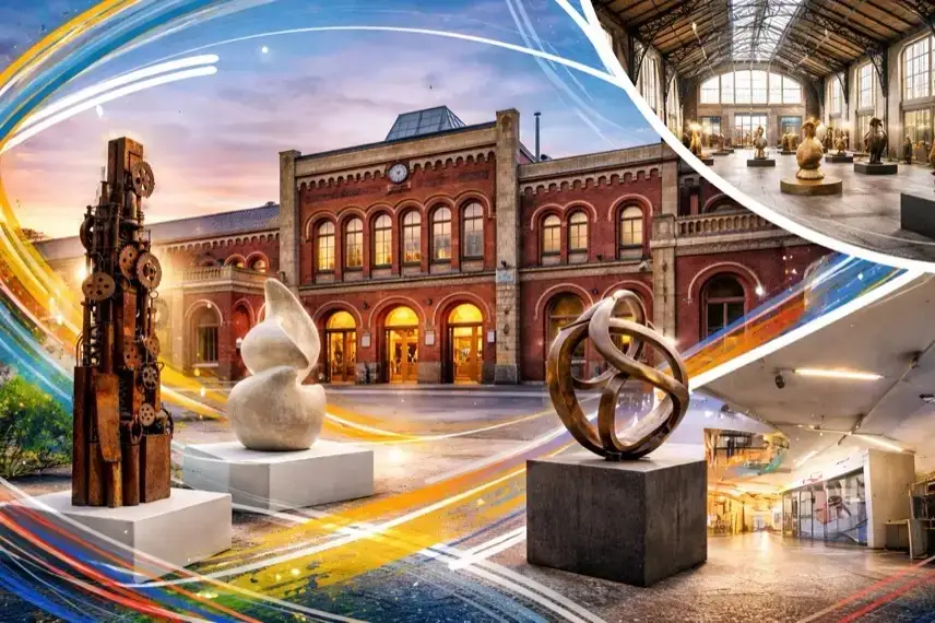 Farbige, futuristische Collage mit dem Kulturbahnhof Halberstadt, abstrakten Skulpturen und dynamischen Linien in einer künstlerischen Komposition