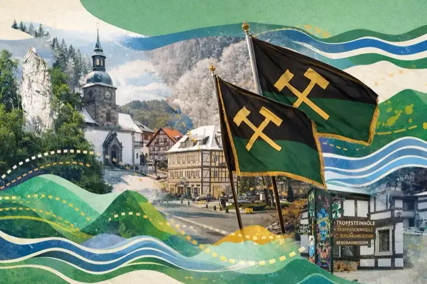 Verspielte Collage mit abstrahierten Motiven aus Bad Grund im Harz, darunter Fachwerkhäuser, Kirche, Felsen, Wald und bergmännische Symbole