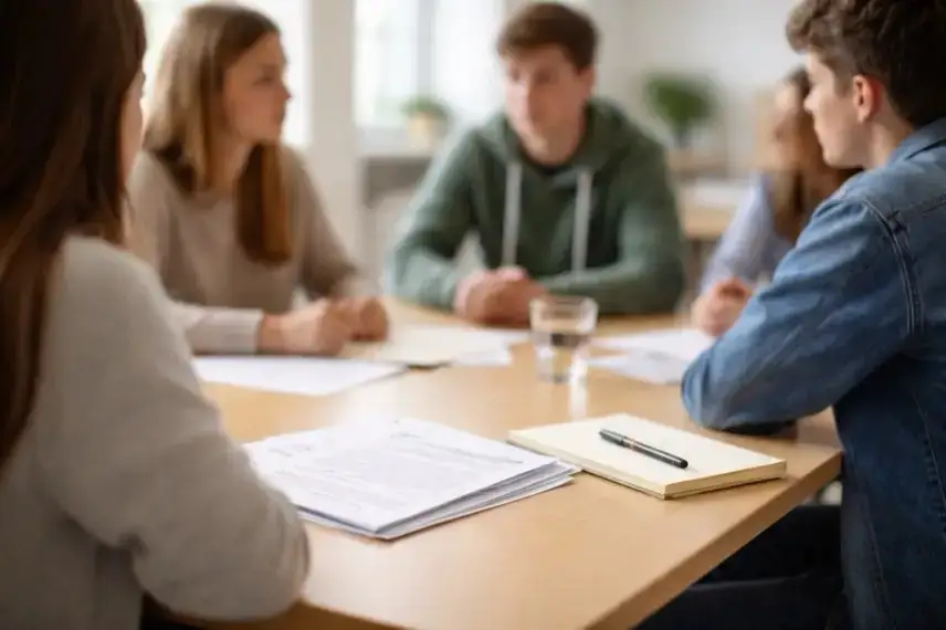 Jugendliche sitzen an einem Tisch in einem neutralen Raum und führen ein Gespräch, symbolisch für ein Schülergericht und Jugendstrafverfahren
