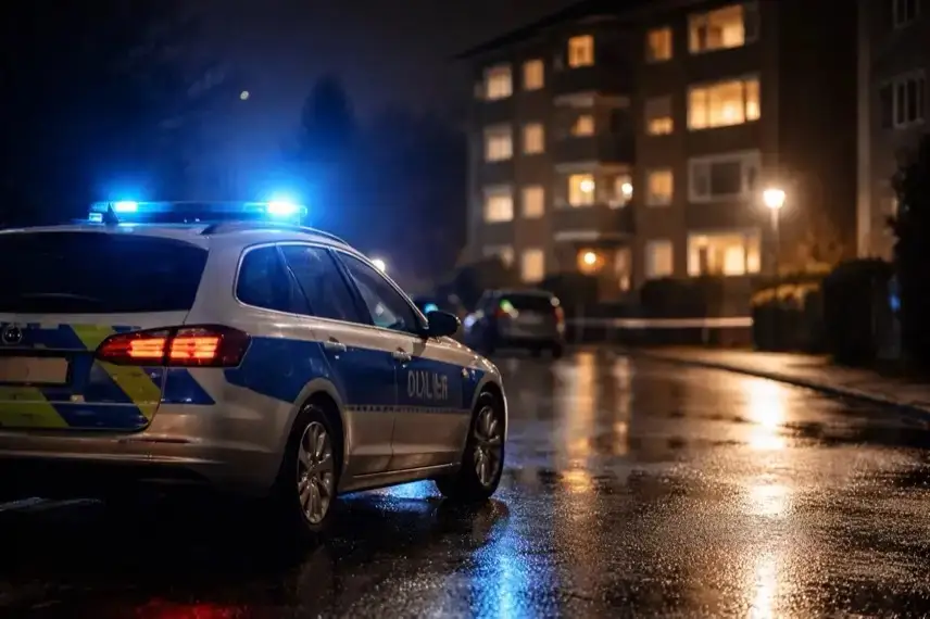 Polizeistreifenwagen mit eingeschaltetem Blaulicht in einer Wohnstraße in Bad Harzburg bei Nacht