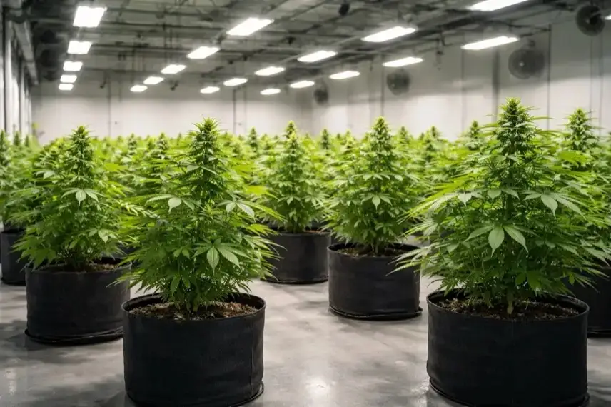 Innenansicht eines neutralen Anbauraums mit mehreren Cannabispflanzen in Pflanzgefäßen unter künstlichem Licht