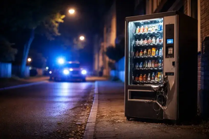 Beschädigter Snackautomat in einer nächtlichen Wohnstraße mit Lichtreflexionen, aufgenommen bei Dunkelheit in der Spiegelstraße in Halberstadt