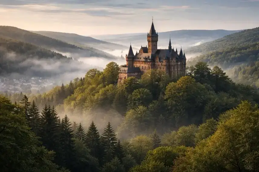 Historisches Schloss auf bewaldetem Höhenzug im Harz, umgeben von Wäldern und Talblick, aufgenommen im weiten Landschaftspanorama.