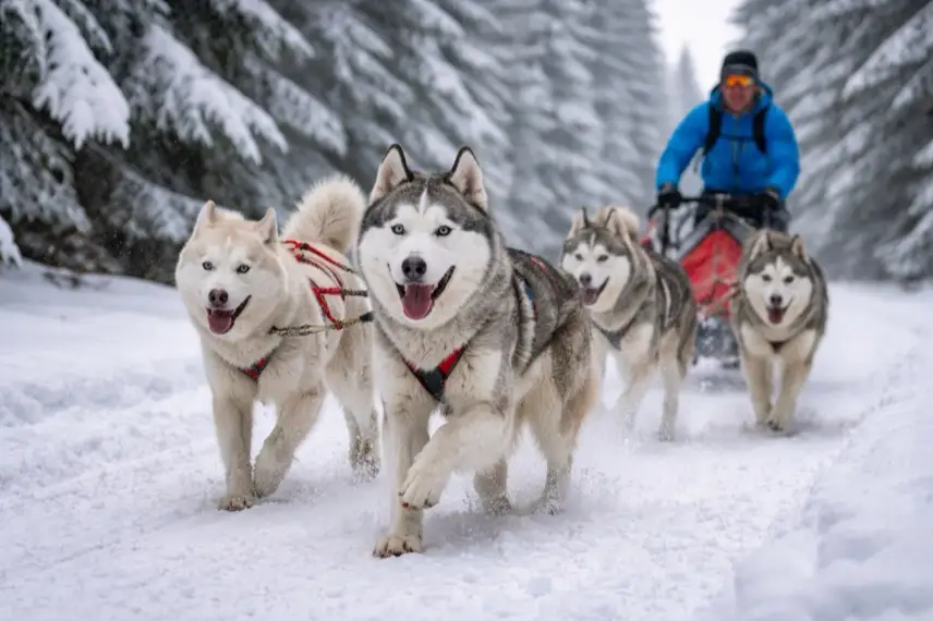 Huskys als Schlittenhunde stehen in winterlicher Landschaft im Harz, mit Geschirren vor einem Schlitten, umgeben von Wald und Schnee.